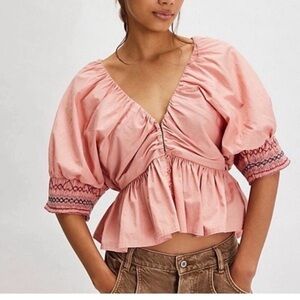 NWOT Free People Where We Meet Smocked Blouse Top Size L. NWOT